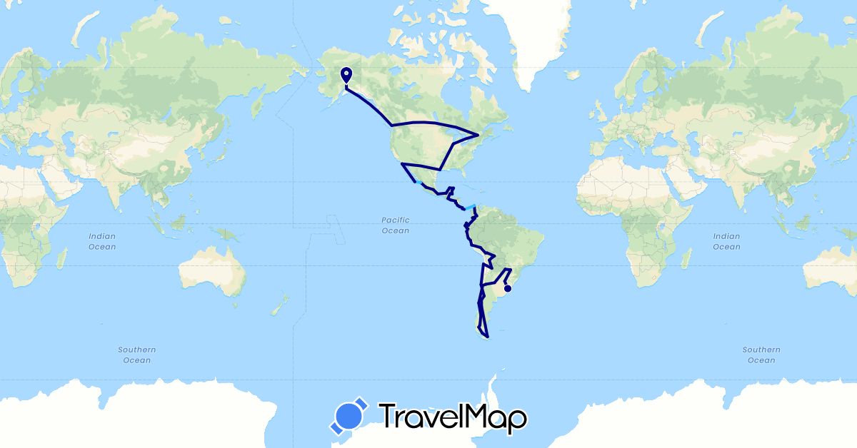 TravelMap itinerary: driving, boat in Argentina, Bolivia, Belize, Canada, Chile, Colombia, Costa Rica, Ecuador, Guatemala, Mexico, Nicaragua, Panama, Peru, Paraguay, El Salvador, United States, Uruguay (North America, South America)